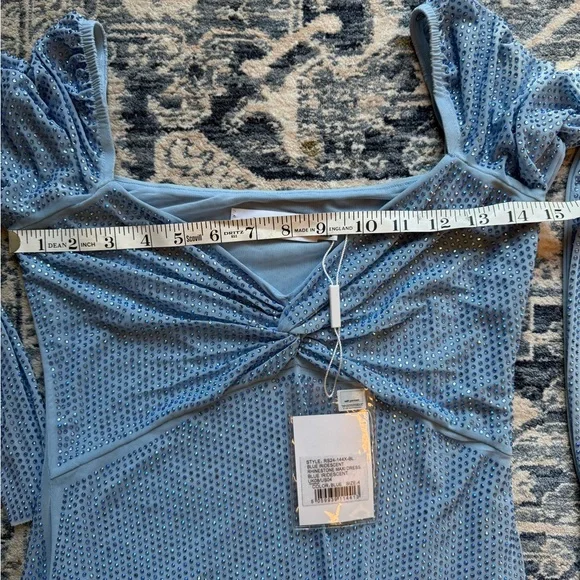 Self-Portrait Iridescent Blue Crystal Rhinestone Long Sleeve Maxi Gown Size 4 - Picture 13 of 16